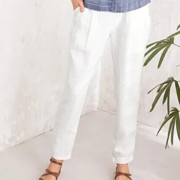 Garnet Hill 100% Linen Pleat Detail Trouser Pant White Size 18 - Picture 1 of 9